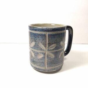 Handmade Stoneware Art Pottery Mug Etched Floral Leaf Speckle High Gloss Glazed